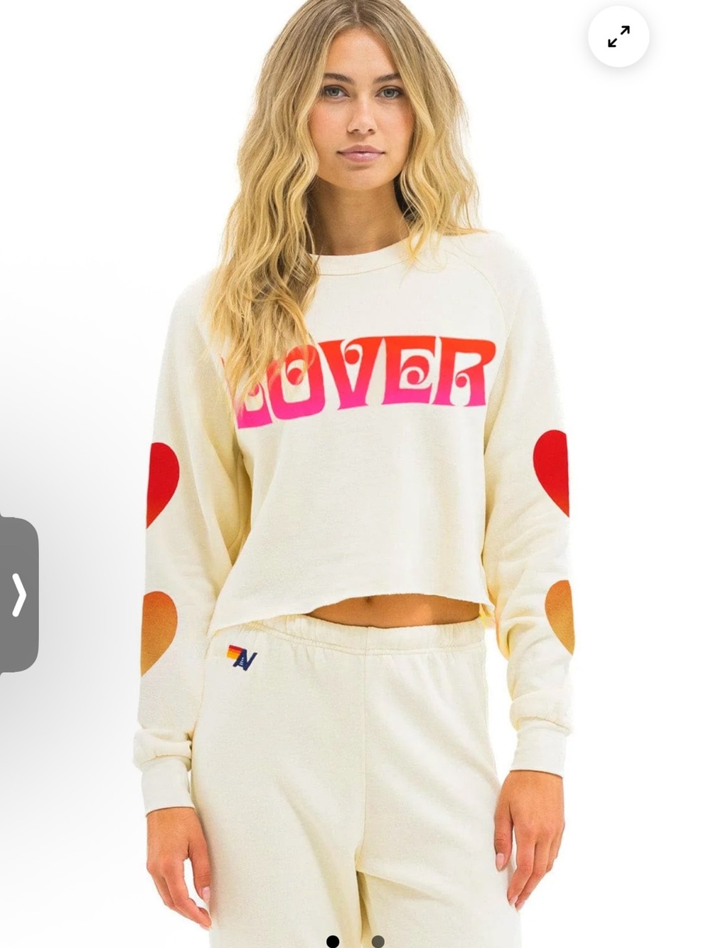 Aviator Nation Cream Cropped 'LOVER' Sweatshirt with Pink-to-Red Graphic